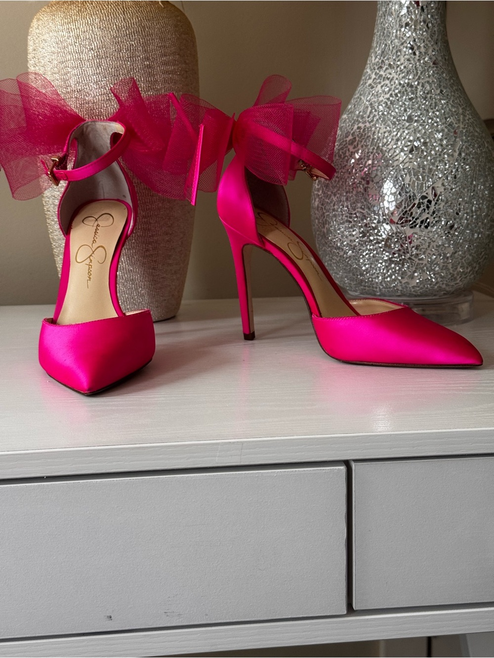 Jessica Sim Women’s Hot Pink Satin Pointed-Toe Ankle-Strap Heels with Tulle Bow